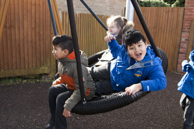 Children playing on a tyre swing