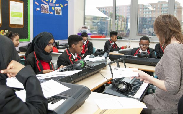 Children in a music lesson with keyboards. 