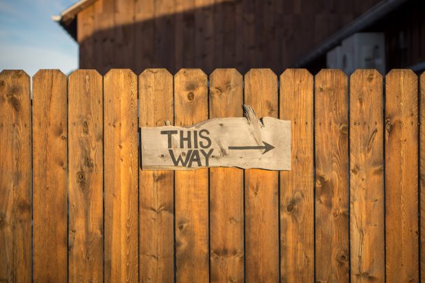 Wooden fence with sign that says 'this way' with an arrow