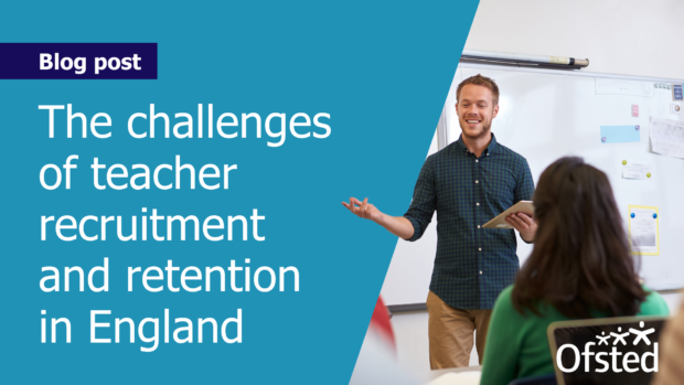 A man stands at the front of a classroom full of adults. Next to the image text reads: "Blog Post: The challenges of teacher recruitment and retention in England"