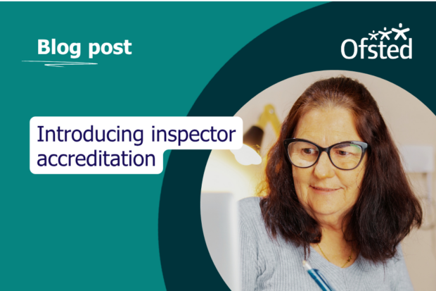 Text reads: Introducing inspector accreditation. In the image, a brunette woman wearing glasses has a small smile as she takes written notes from a laptop.